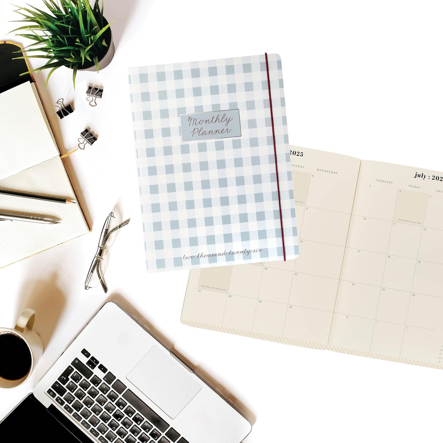 18 Month Planner/Calendar by Graphique, July 2025 – Dec. 2026 Gingham Monthly Planner, Holidays, Notes Pages, 8” x 10”