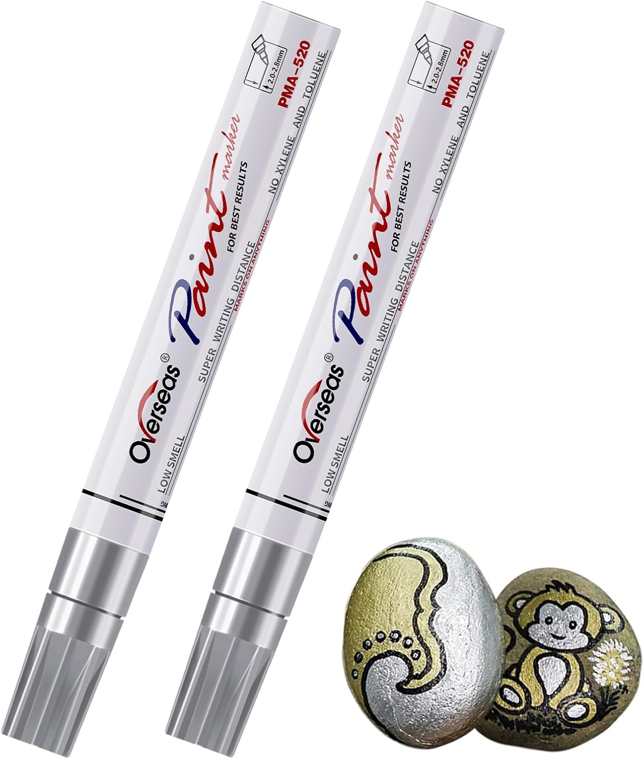 Overseas Permanent Paint Pens Silver Markers - 2 Pack Metallic Oil Based Paint Markers, Medium Tip, Quick Drying and Waterproof Marker Pen for Metal, Rock Painting, Wood, Plastic, Canvas, Mugs