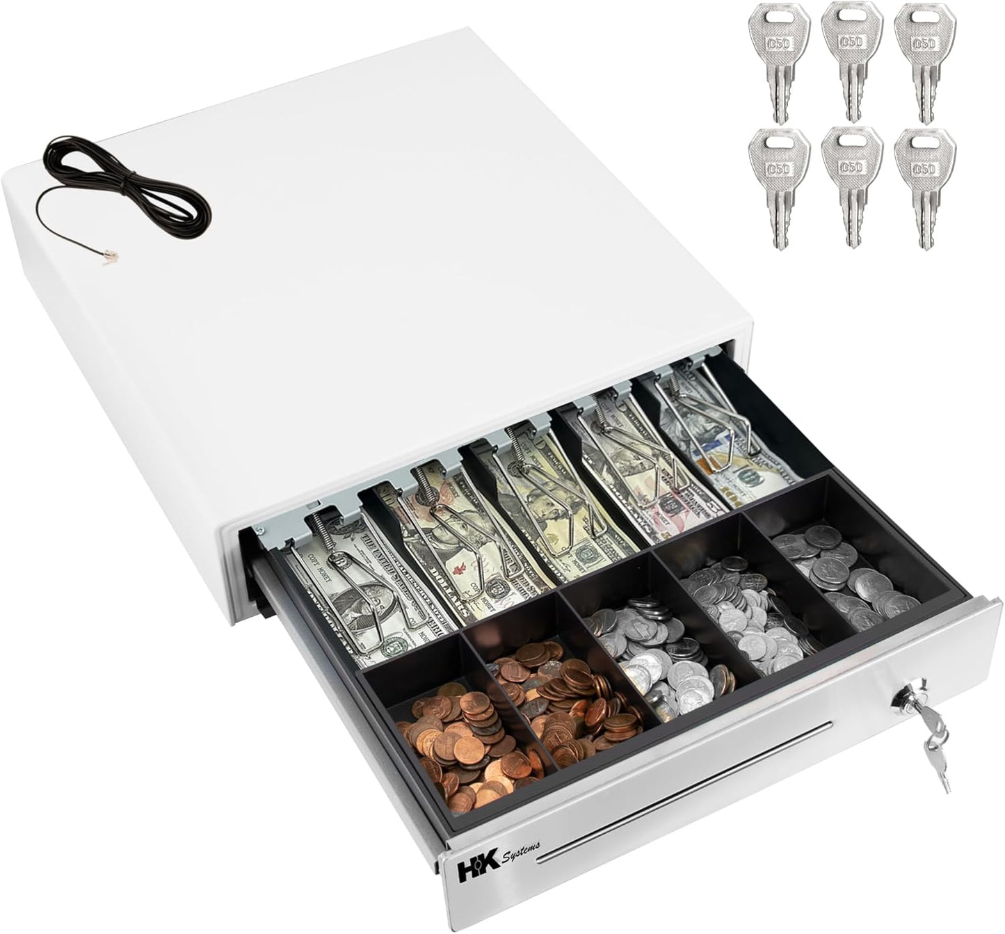 HK SYSTEMS 16inch "Stainless Steel" Front White Heavy Duty POS Interface Cash Drawer with 5Bill/5Coin