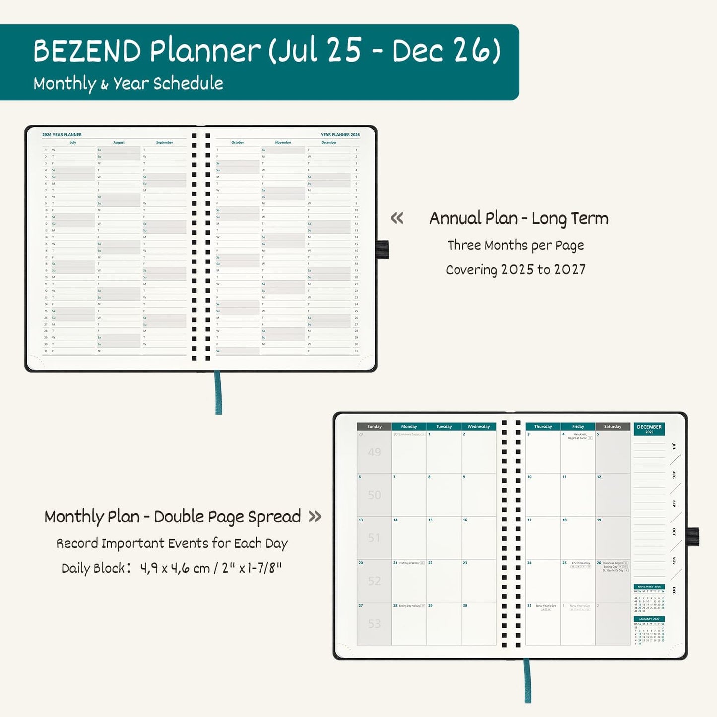 BEZEND Weekly Planner 2025-2026 with 2 Columns, 8.5" x 11" Academic Calendar 18 Months (Jul 25-Dec 26) Life Work Appointment Book with Monthly Tab, PU Leather Softcover Spiral - Evergreen