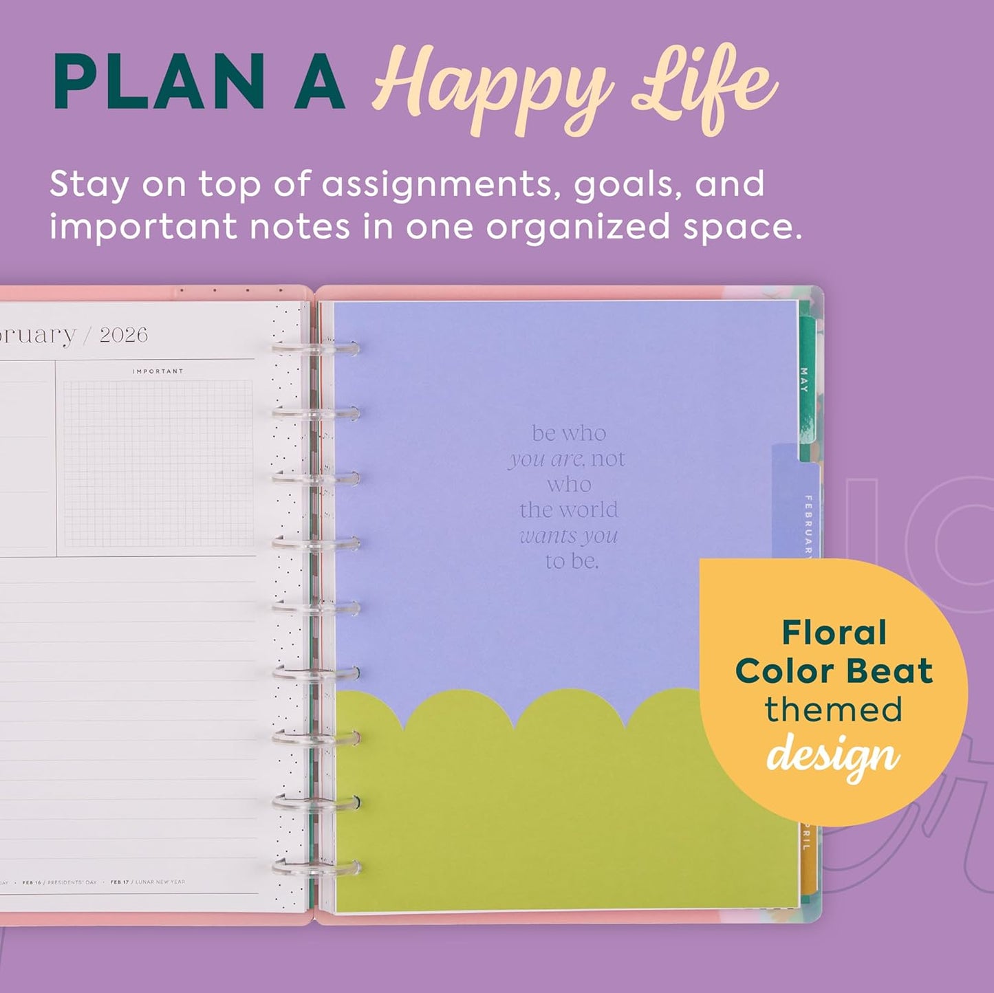 Happy Planner Disc-Bound Planner Jan.–Dec. 2026, Includes 3 Extra Months and 2 Sticker Sheets, Classic Size, 7" x 9.25", Dashboard Layout, Floral Color Beat
