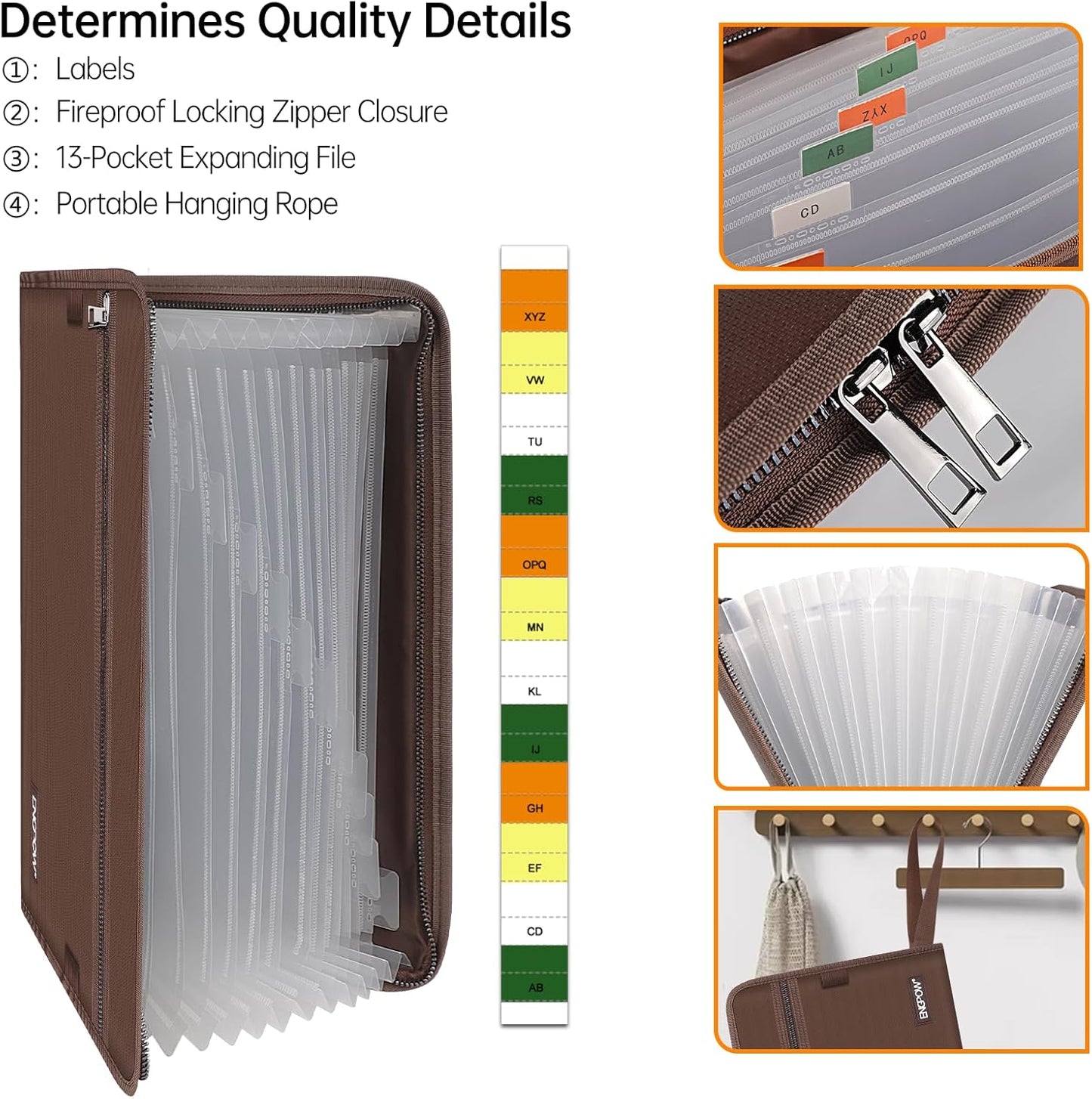 ENGPOW Accordion File Organizer,Fireproof 13 Pockets Expanding File Folder,Document Organizer Folder with Zipper＆Labels,Portable Home Travel Safe Storage for Letter A4 Files and More,Brown