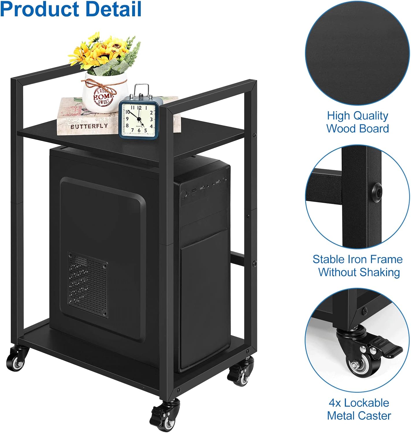 SEHERTIWY 2 Tier Computer Tower Stand, Black CPU Holder Stand Cart with Rolling Caster Wheels, Mobile PC Tower Stand for Office Home Studio