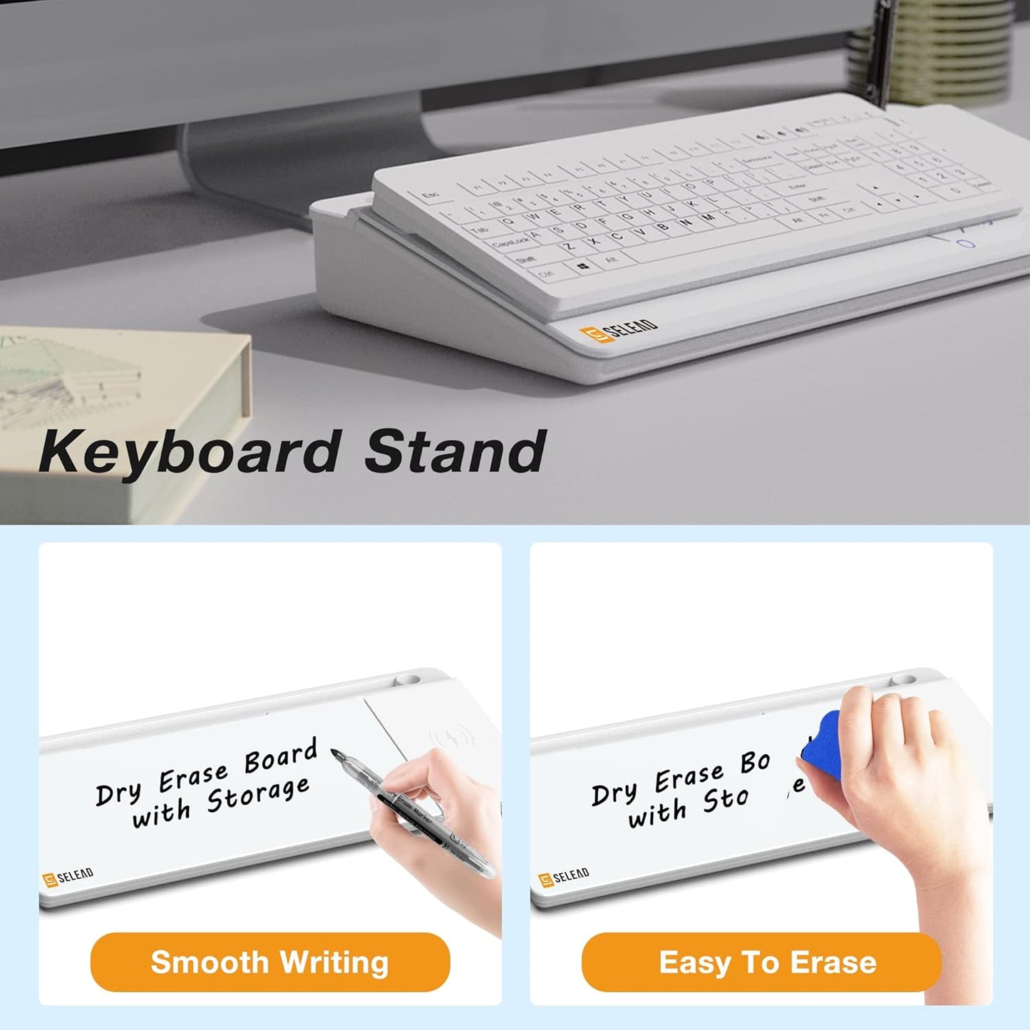 SELEAD Desktop Glass Whiteboard with Wireless Charger Station, Dry Erase Board Computer Pad Keyboard Stand with Organizer Drawer for Home, School, Office Desk Accessories, White