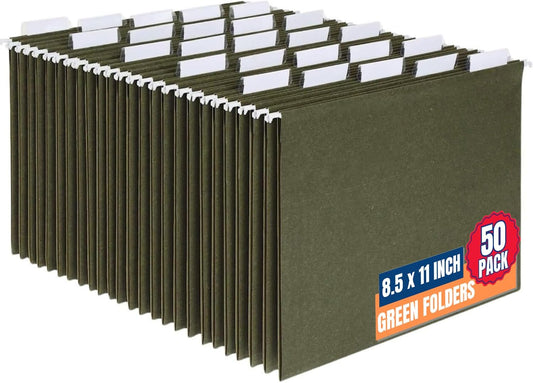 1InTheOffice Green Hanging File Folders Letter Size, Hanging Organizer File Folders, File Cabinet Folders, 1/5 Tabs, 11 pt, 50 Pack