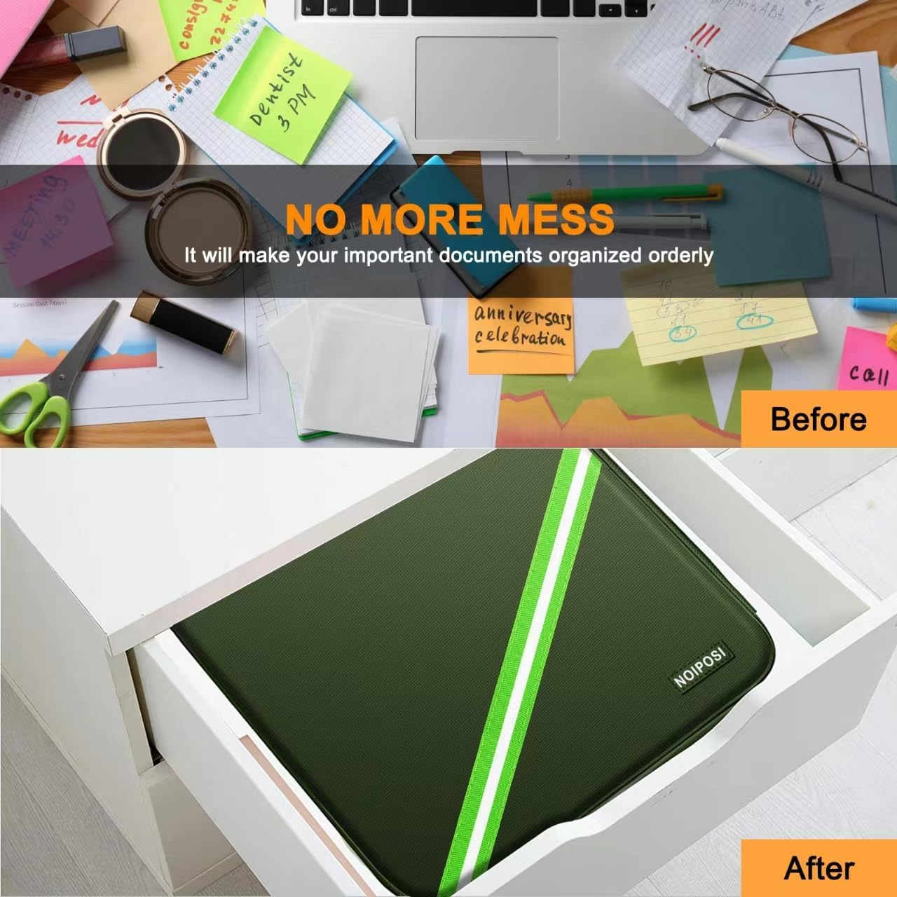 Document Organizer with 5200℉ Heat Insulated, 16.1"x11.4"x4.3" Waterproof and Fireproof Document Box with Lock, Home Strong Fireproof Safe Storage Box for Legal Size Documents and File，Green