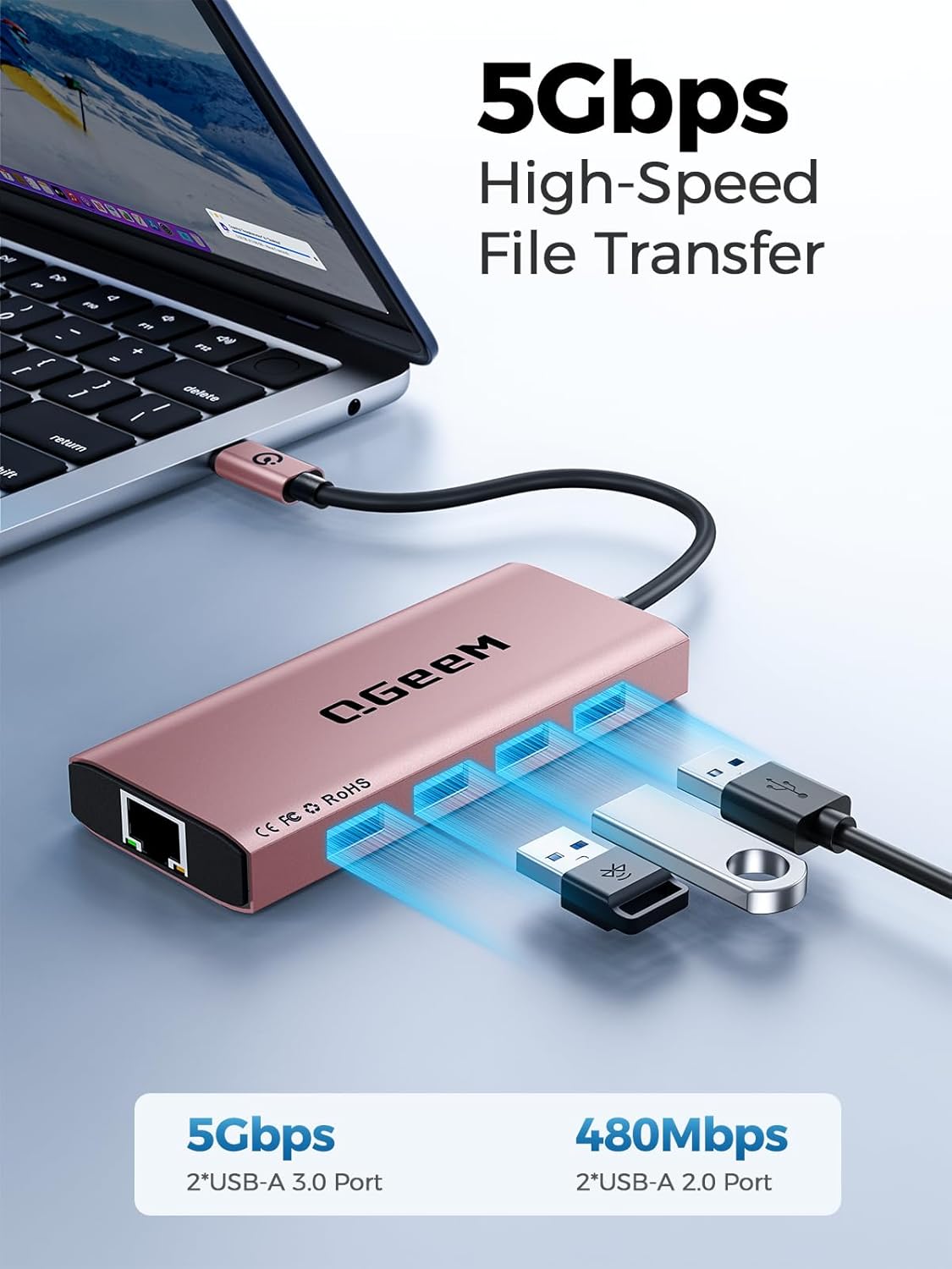 QGeeM USB C Hub Ethernet,9 in 1 USB Type C Hub HDMI Multi-Port Converter Adapter,100W Pd, USB 3.0,SD/TF Card Reader,Compatible for MacBook Pro Air Ipad HP Dell Lenovo Chromebook etc.-Pink