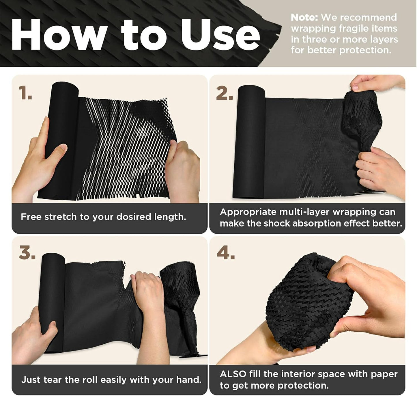 Honeycomb Packing Paper, 12"x150' Black | Perforated Honeycomb Packing Paper Recyclable Moving Supplies for Shipping & Moving | Plastic-Free Alternative to Bubble Cushion Wrap with 36 Fragile Stickers