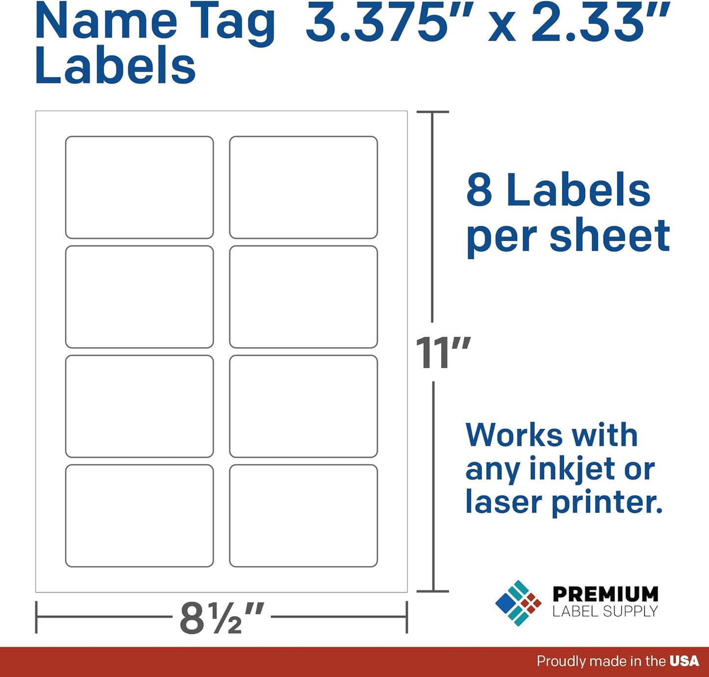 Premium Label Supply Blank Printable Name Tag Stickers - 2-1/3" x 3-3/8" - Laser/Inkjet Compatible – (8 per Sheet), 25 Sheets – 200 Total Adhesive Name Tags