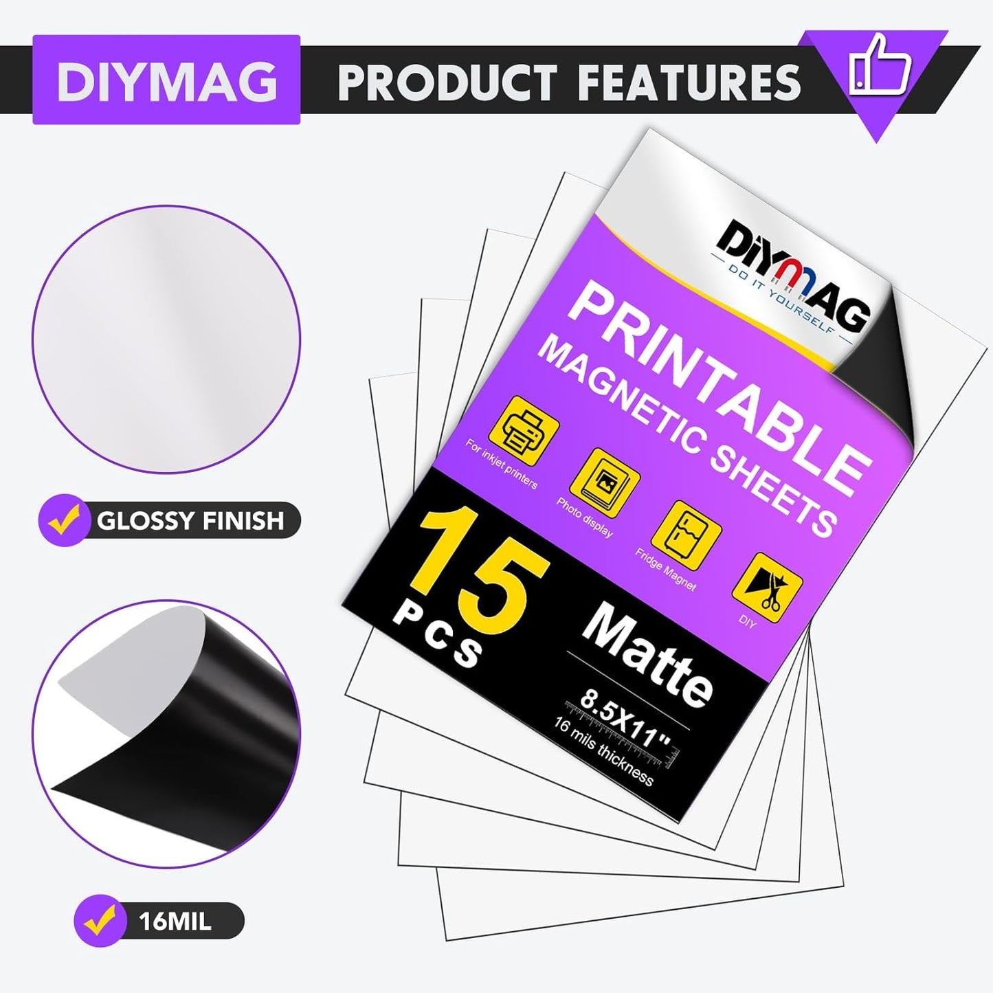 DIYMAG Printable Magnetic Sheets, 15Pcs 8.5 x 11 Inch Flexible Magnet Sheets Matte Non Adhesive Magnetic Paper for Inkjet Printer Photo DIY Crafts