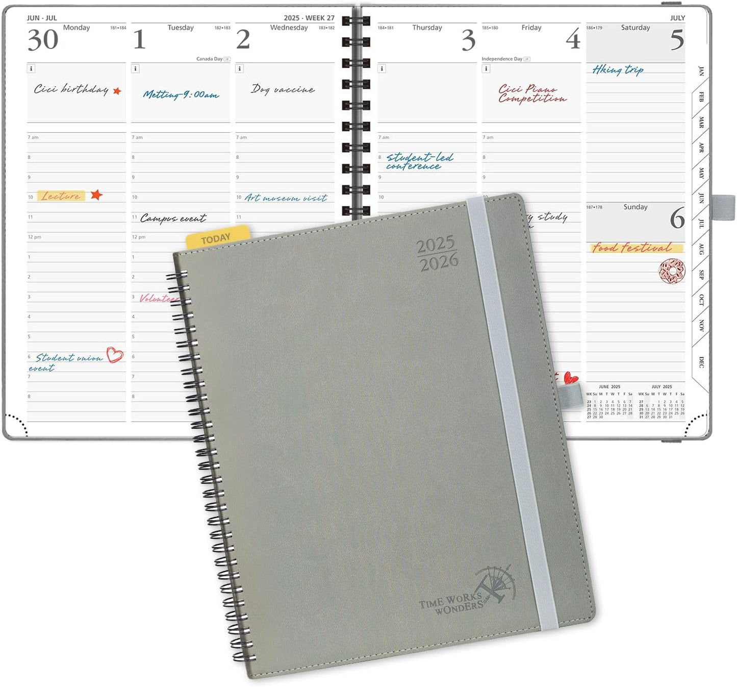 POPRUN Planner 2025-2026 (Large - 8.5'' x 10.5'') Academic Weekly Calendar (July 2025 - June 2026) with Hourly Time Slots, Monthly Tabs, 100GSM Thick Papers, Spiral Leather Cover - Grey
