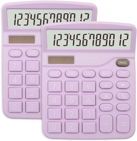 2PC Basic Office Desktop Calculator - 12 Digit Purple LCD Display, Sensitive Buttons, School & Office Supplies