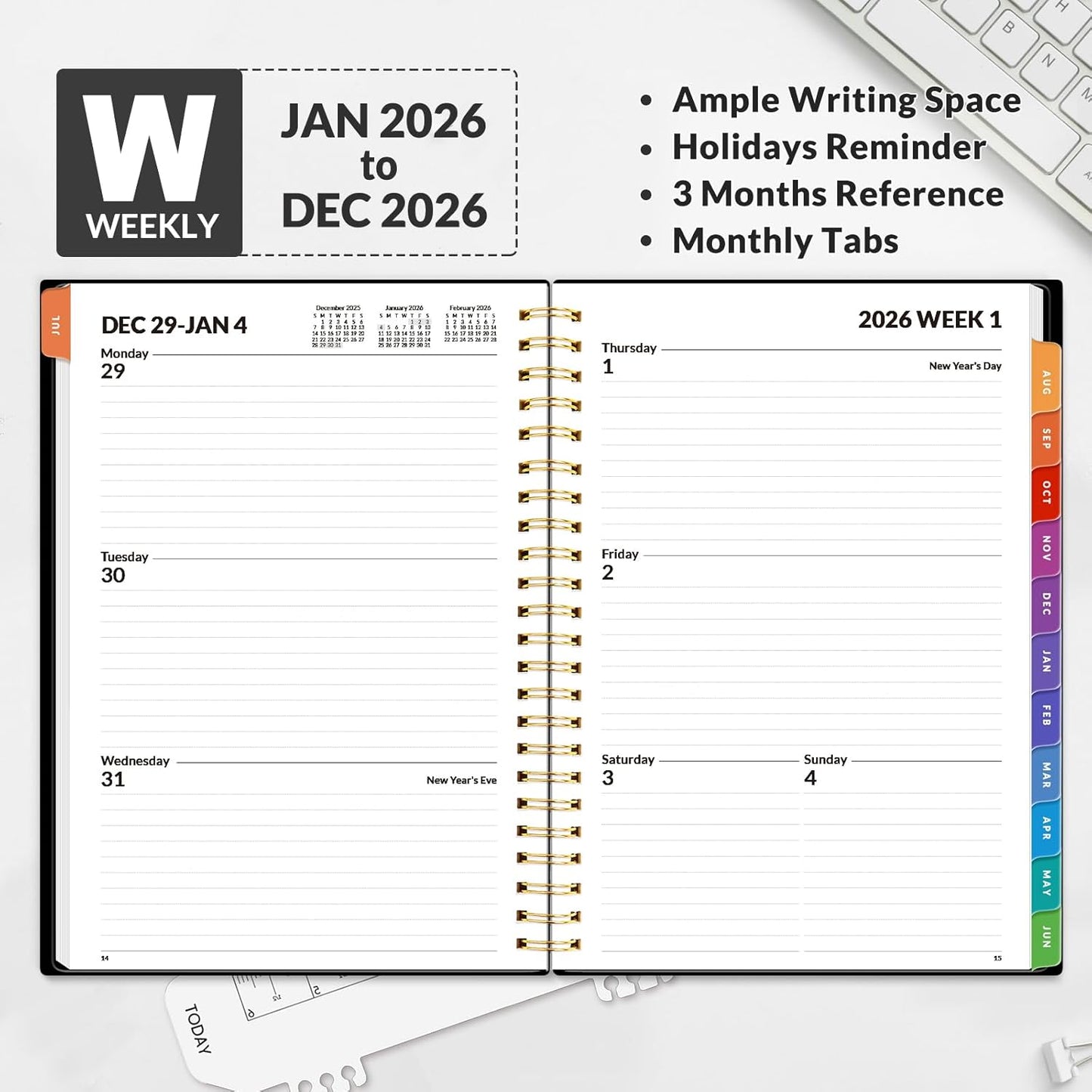 SUNEE 2026 Weekly and Monthly Planner - from January 2026 - December 2026, 6.4" x 8.3" Daily Agenda Planner with Monthly Tab, Flexible Cover, Note Pages, Pockets, Bookmark, Spiral Binding, Black