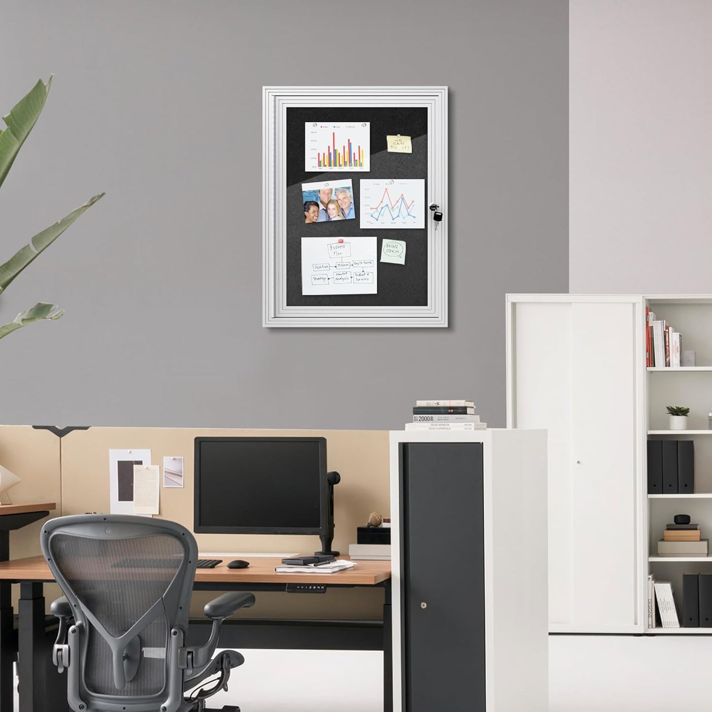 26"x20" Enclosed Bulletin Board, Outdoor Lockable Weather-Resistant Aluminum Cork Noticeboard for School & Office, Silver Frame w/Black Flet