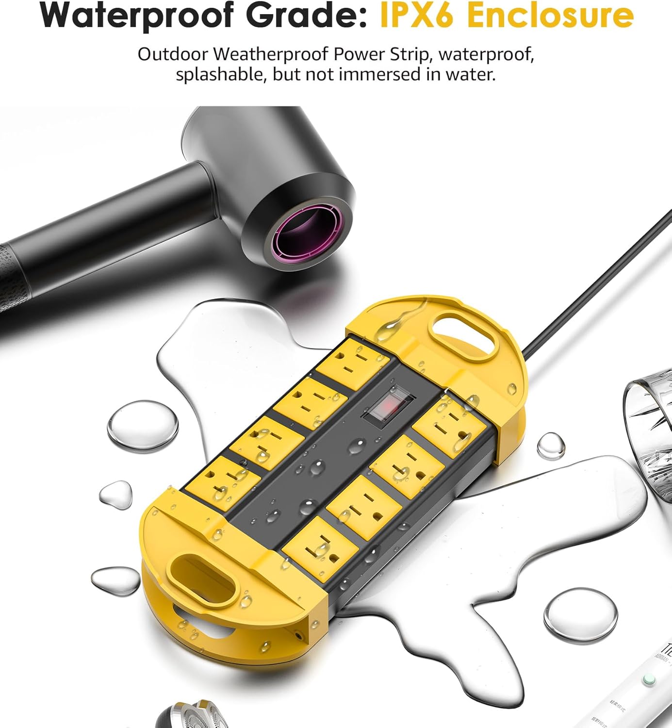 CCCEI GFCI Outdoor Power Strip Weatherproof with 8 AC, Waterproof Extension Cord with Multiple Outlets, Wall Mount Surge Protector Flat Plug, Christmas Exterior Garden, Yard, 6FT, Yellow.