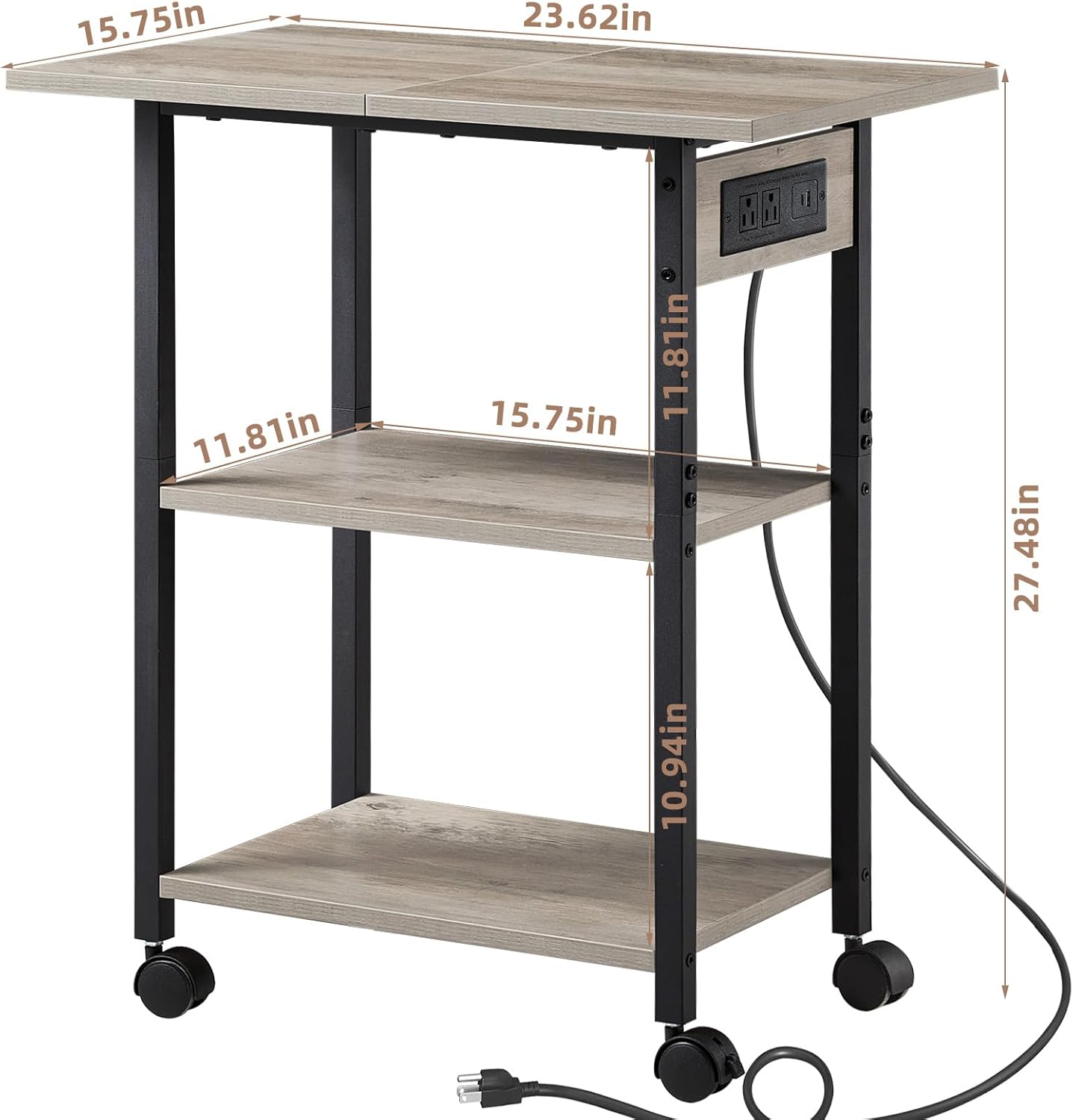 Lerliuo 3-Tier Printer Stand with Charging Station, Industrial Mobile Printer Table with Storage Shelf and Steel Frame, Rolling Printer Cart Holder with Lockable Wheels for Home, Office (Oak)