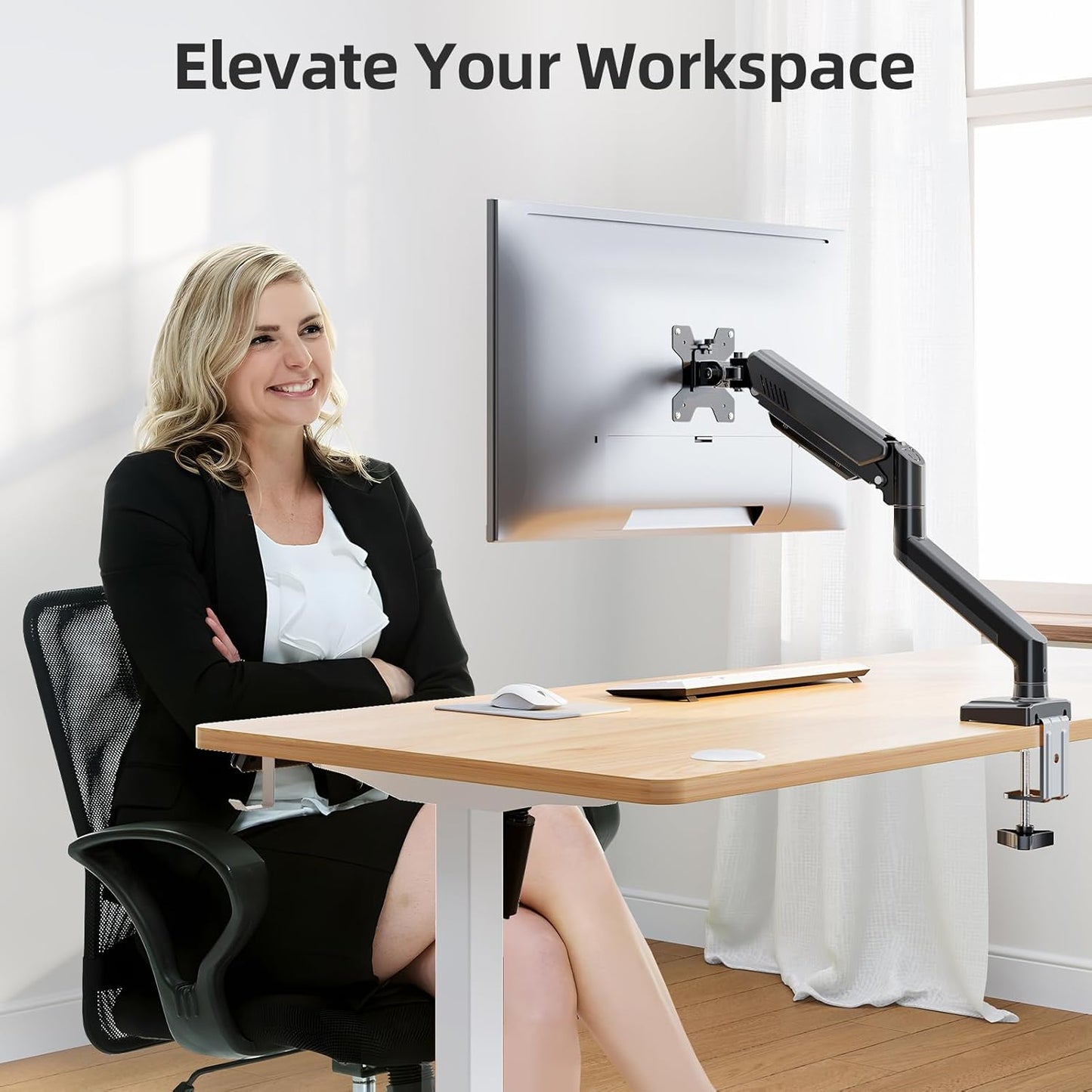 Monitor Arm for 13-32 inch Screens, Monitor Desk Mount, Adjustable Height, VESA Mount with Clamp & Grommet Bases, Freelift Black