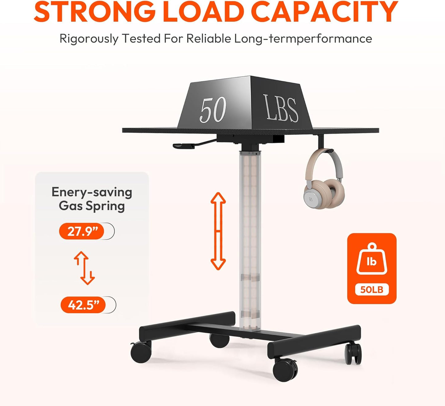 Mobile Small Standing Desk, Gas Spring Adjustable Height Rolling Portable Laptop Desk with Lockable Wheels/Laptop Stand/Hook Rolling Podium (Carbon Fiber Top + Black Frame, 18''×26'')