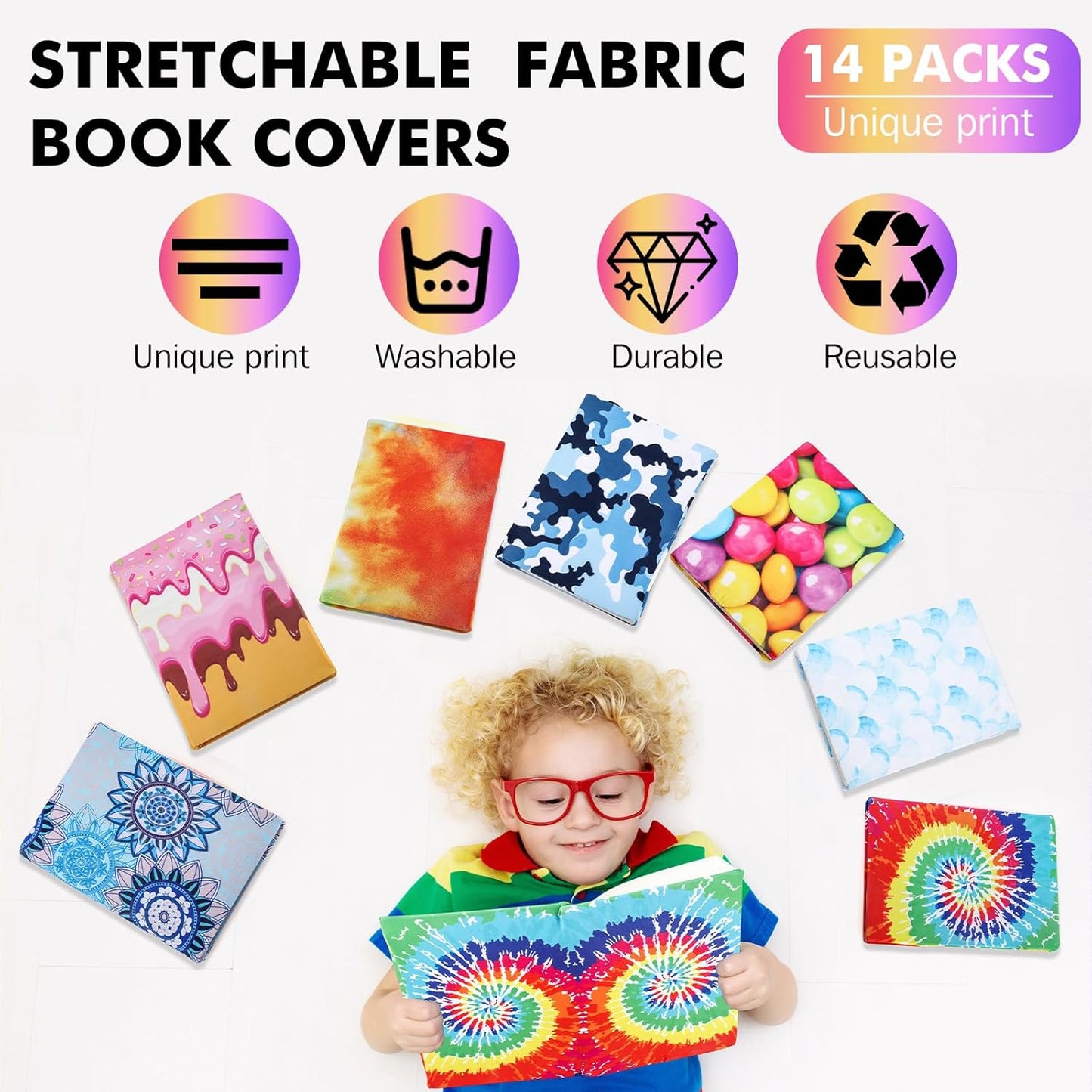 Sherr 14 Pack Stretchable Book Covers Reusable Jumbo Bookcloth 9" x 11" Durable Washable Back to School Book Cover Protector for Most Hardcover Books Textbooks(Multicolor,Modern)