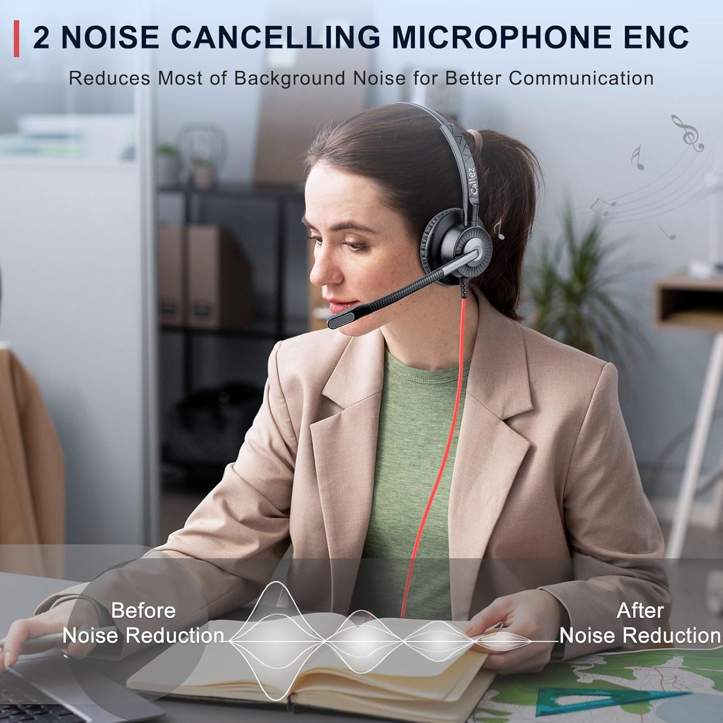 Callez USB Headset with Mic, Computer Headset with ENC Dual Noise Cancelling Microphone & MS Teams Call Button, Wired Mono Headphones for PC Laptop Mac Teams Zoom Home Office Work