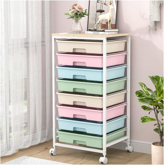 Rolling Storage Cart with Drawers,Utility Cart With 8 Drawers and Wooden Tabletop,Rolling Drawer Cart,Storage Drawer Cart for Living Room,Classroom,Bedroom,Bathroom,Dorm,Office,Rainbow