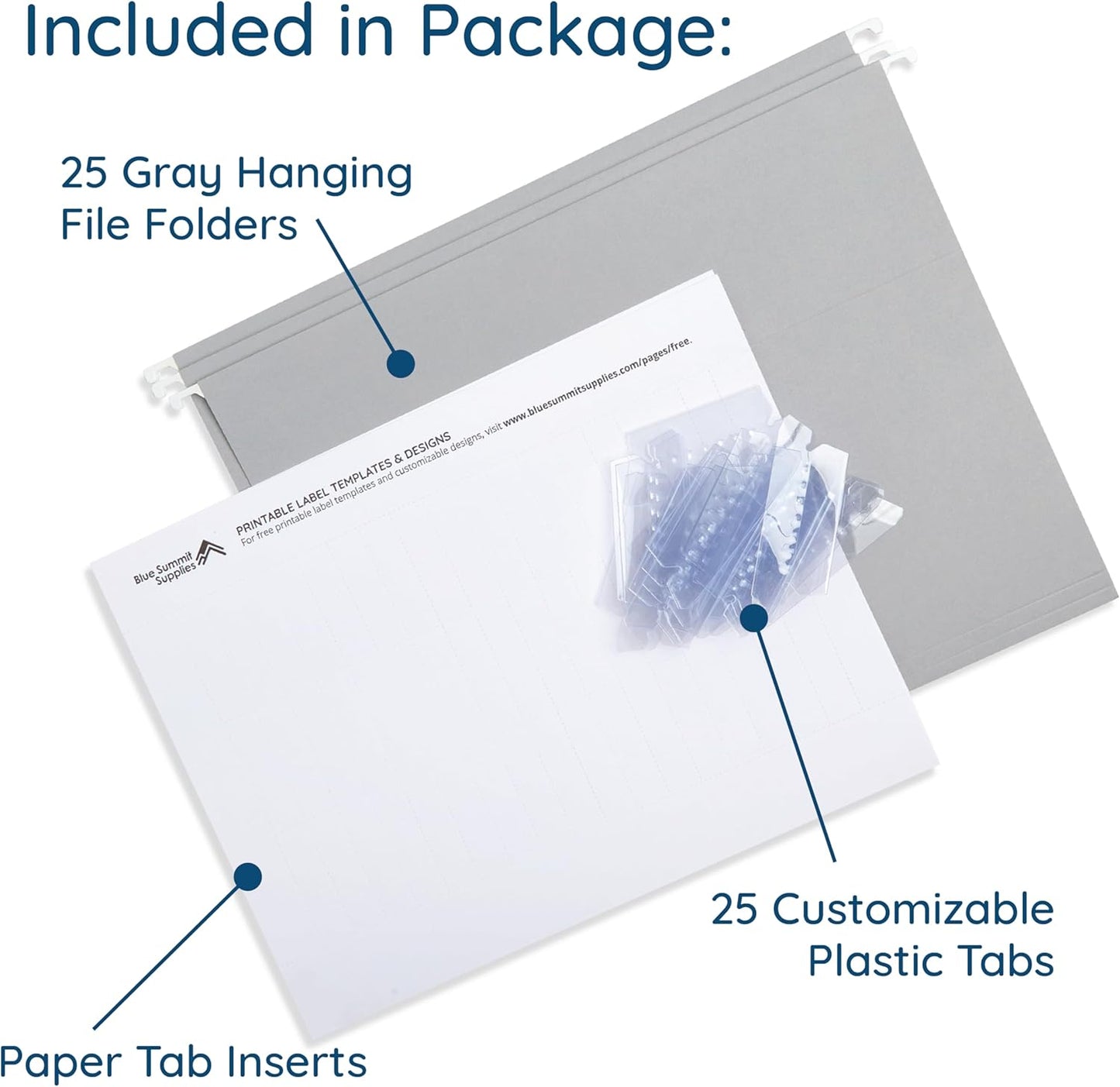 25 Blue Summit Supplies Grey Hanging File Folders Letter Size - Durable 11pt Paper, Hanging File Folders Gray, Plastic Tabs and Inserts Included, Perfect for Office Organization
