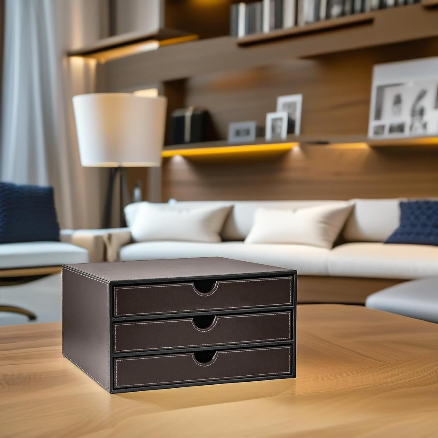 UnionBasic Leather Desktop Drawer Organizer, File Cabinet Magazine Document Holder, Office Supplies Desk Storage Organizer Box, 3 Drawer, Coffee