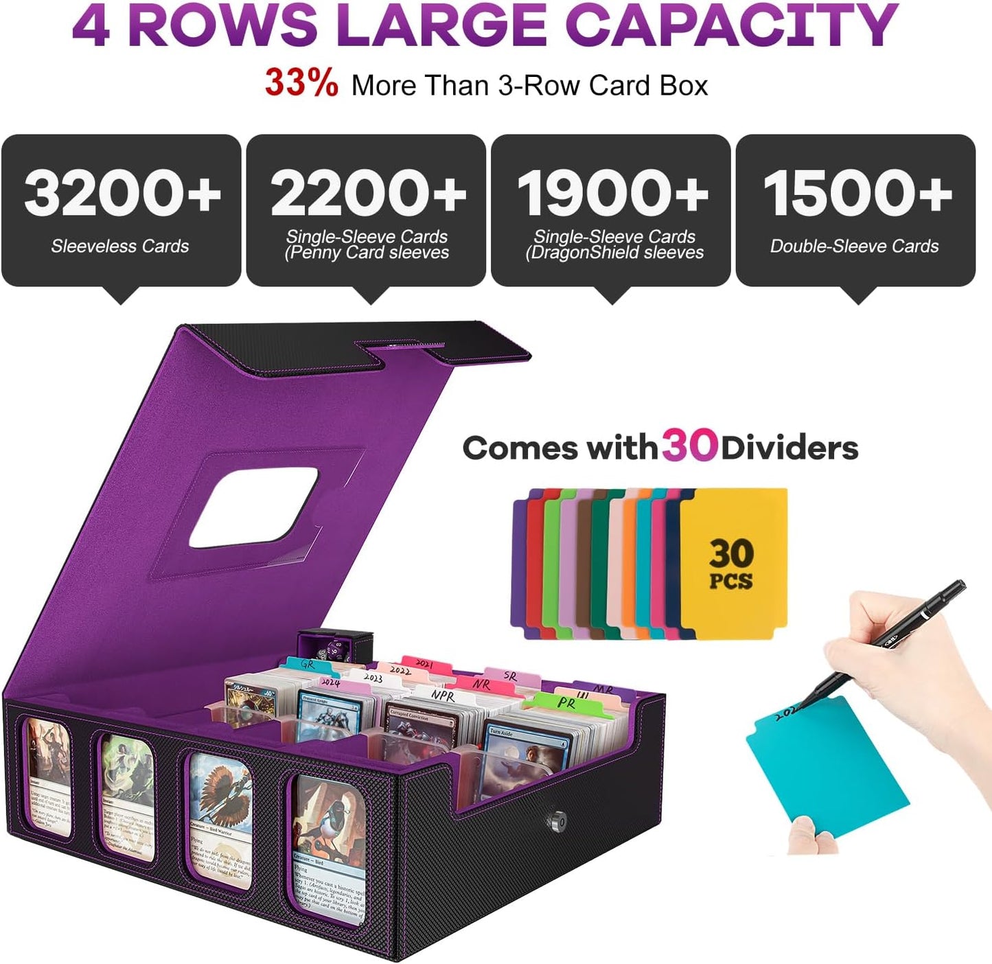 Trading Card Storage Box - 3200+ MTG Deck Box with Commander Display & Portable Handle, 4-Row Card Case Compatible for MTG/TCG/Magic Cards, 30 Colorful Divider, 8 Card Supporters (Black & Purple)