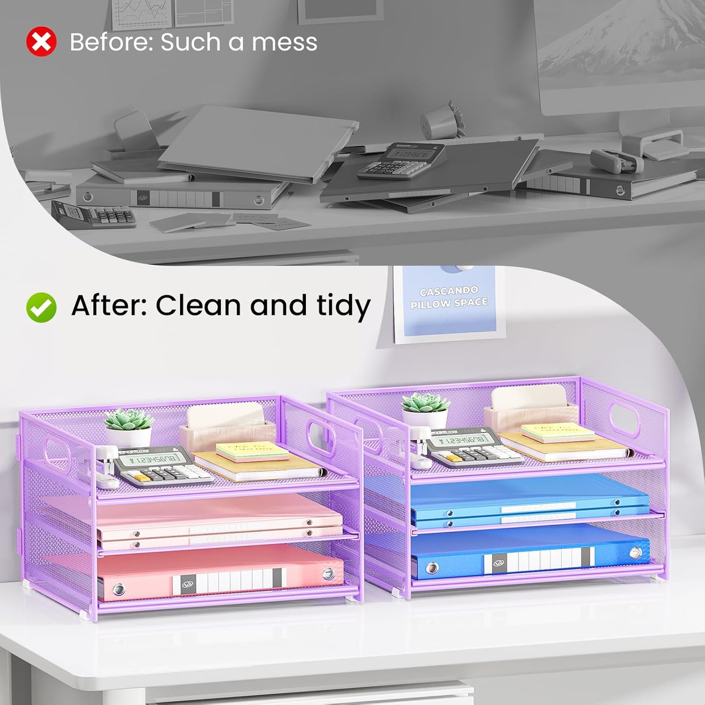 Subekyu 2-Pack 3-Tier Purple Metal Mesh Desk Paper Letter Tray & File Sorter Organizer with Handle + 1 Sliding Tray for Desk, Home, Office, School Supplies, A4 Paper and Accessories Storage