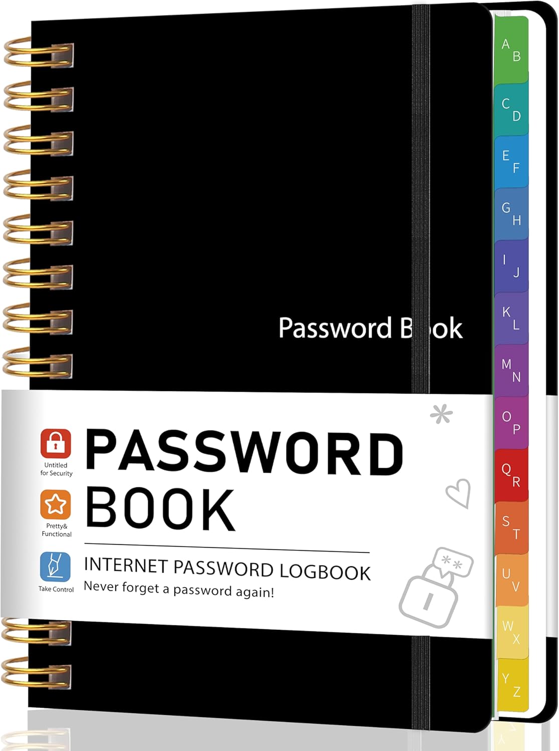 Password Book with Alphabetical Tabs, Password Keeper Book for Seniors, 5.8" X 8.2" Medium Size Password Notebook, Individual & Colorful Tabs, Spiral Hardcover Password Journal Logbook for Website Logins, Black