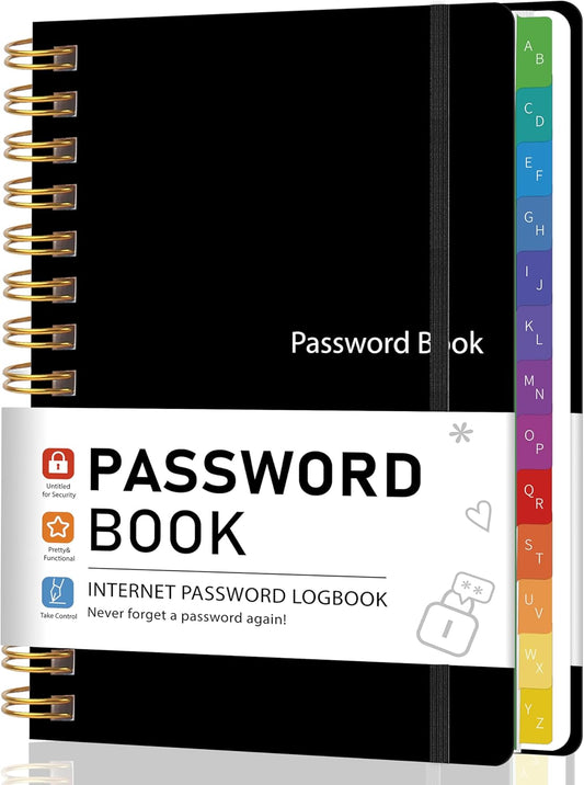 Password Book with Alphabetical Tabs, Password Keeper Book for Seniors, 5.8" X 8.2" Medium Size Password Notebook, Individual & Colorful Tabs, Spiral Hardcover Password Journal Logbook for Website Logins, Black