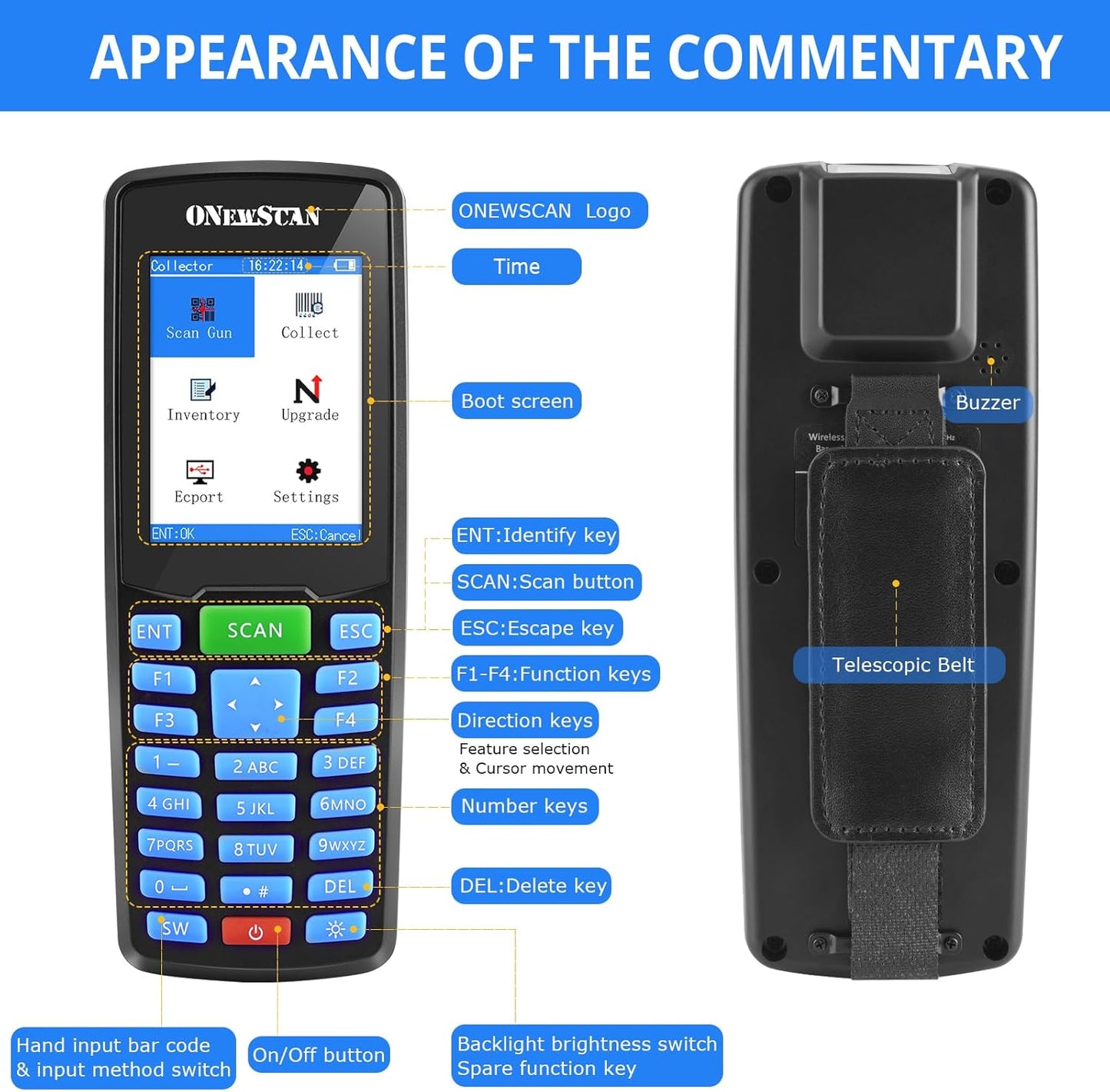 Barcode Scanner, Wireless 1D Inventory Scanner Data Collector Data Terminal Portable with 2.8" TFT Color LCD Screen Cordless Handheld Barcode Reader for Store, Inventory, Supermarket, Warehouse