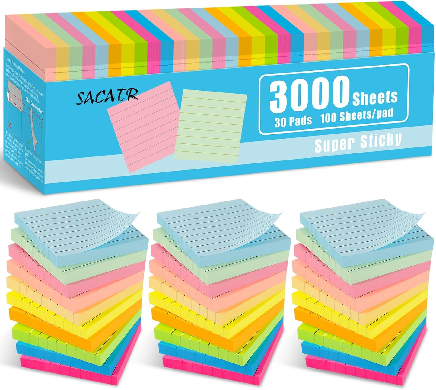 SACATR 30 Pads Lined Sticky Notes, Sticky Note Pads 3x3 inches, 10 Bright Color Sticky Notes with Lines Self-Stick Note Pads, Perfect for Office Home School(100 Sheet/Pad)