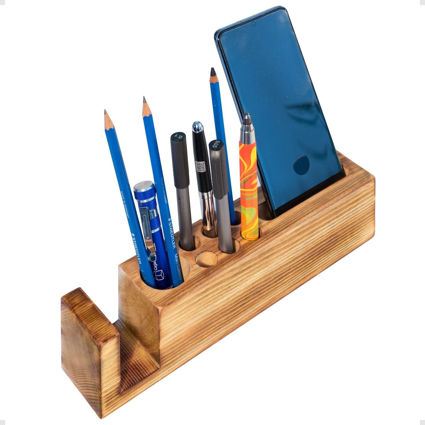 Hoffenwell Wooden Desk Organizer with Phone Holder – Stylish & Functional Book, Pen and Cell Phone Charging Stand - Solid Wood Pen Holder for Desk