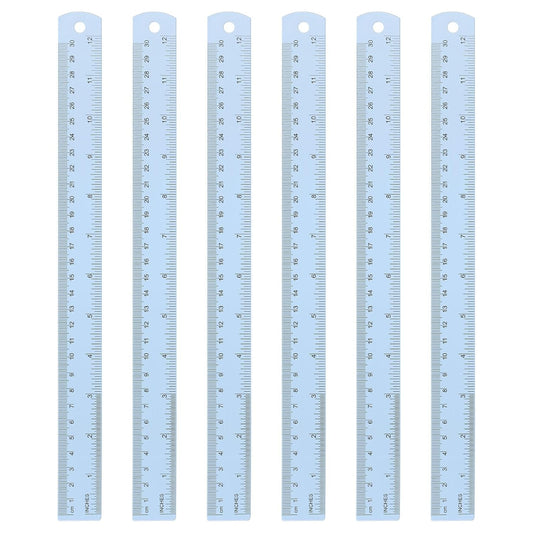 HARFINGTON 6pcs Metal Straight Ruler 30cm Metric SAE Aluminum Alloy Measuring Rulers Scale Tool with Hole for Measure Study Reading Classroom Office, Light Blue