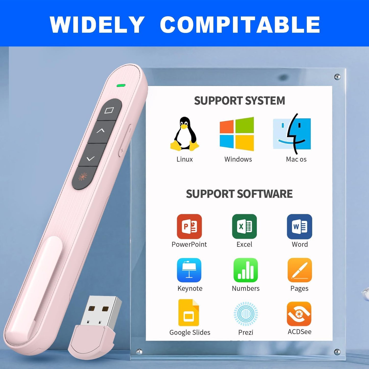 QUI Presentation Clicker for PowerPoint, RF 2.4GHz USB Wireless Presenter Remote with Volume Control, PowerPoint Clicker Slide Advancer for Mac, Windows, Laptop, Keynote