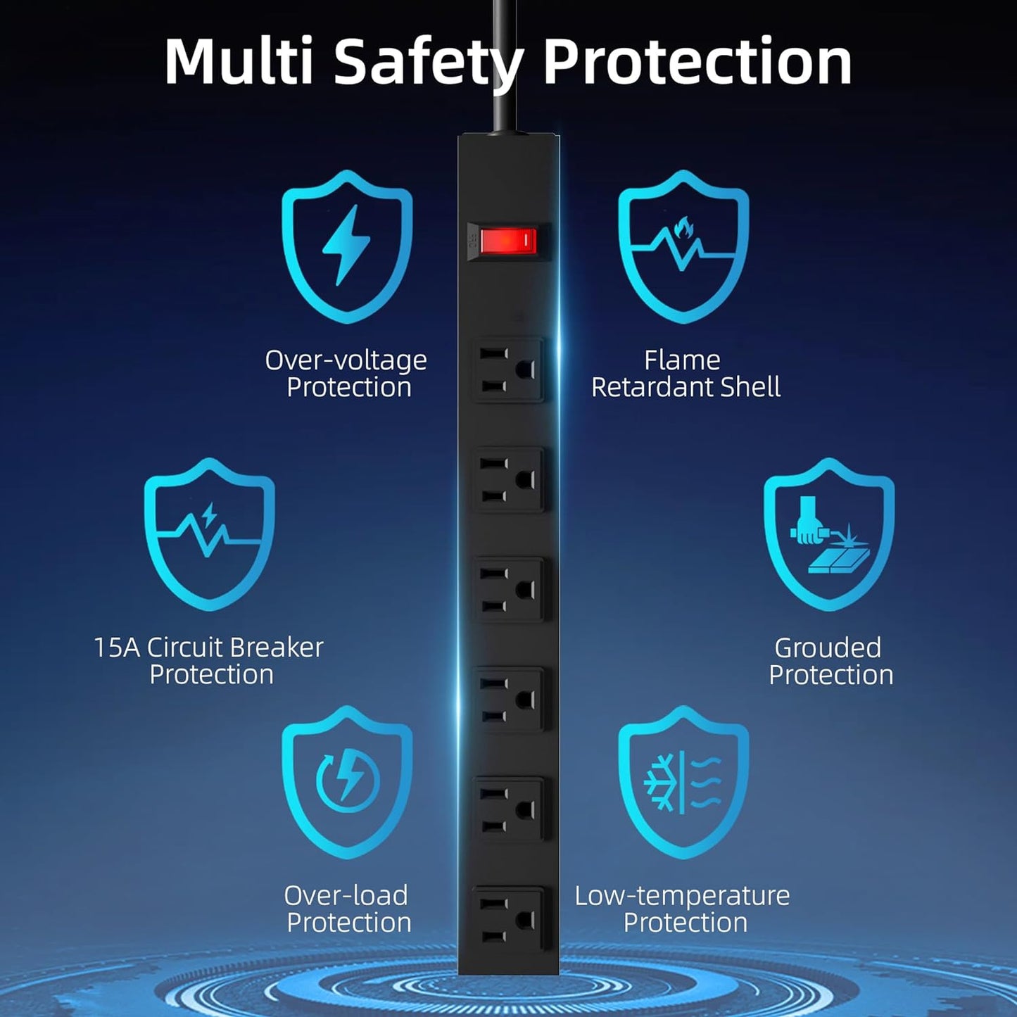 6 Outlet Heavy Duty Power Strip with Long Power Cord,Mountable Power Strip Without Surge Protector for Garage,Industrial,School and Home,15A 125V 1875W,ETL Approved and Listed,Black (8FT)