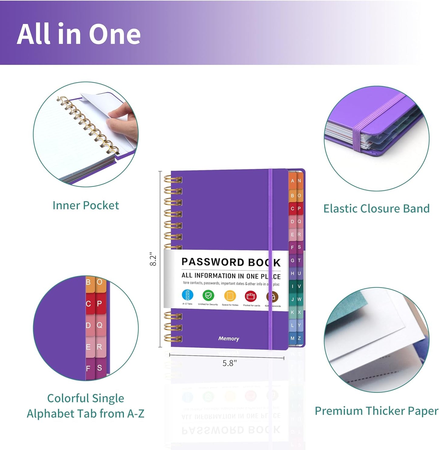 Spiral Password Book with Alphabetical Tabs - 5.8" X 8.2" Small Password Keeper Book with Inner Pocket for Seniors , Large Print, Hardcover, 450 Logins – Internet Password Organizer Notebook for Home & Office Use