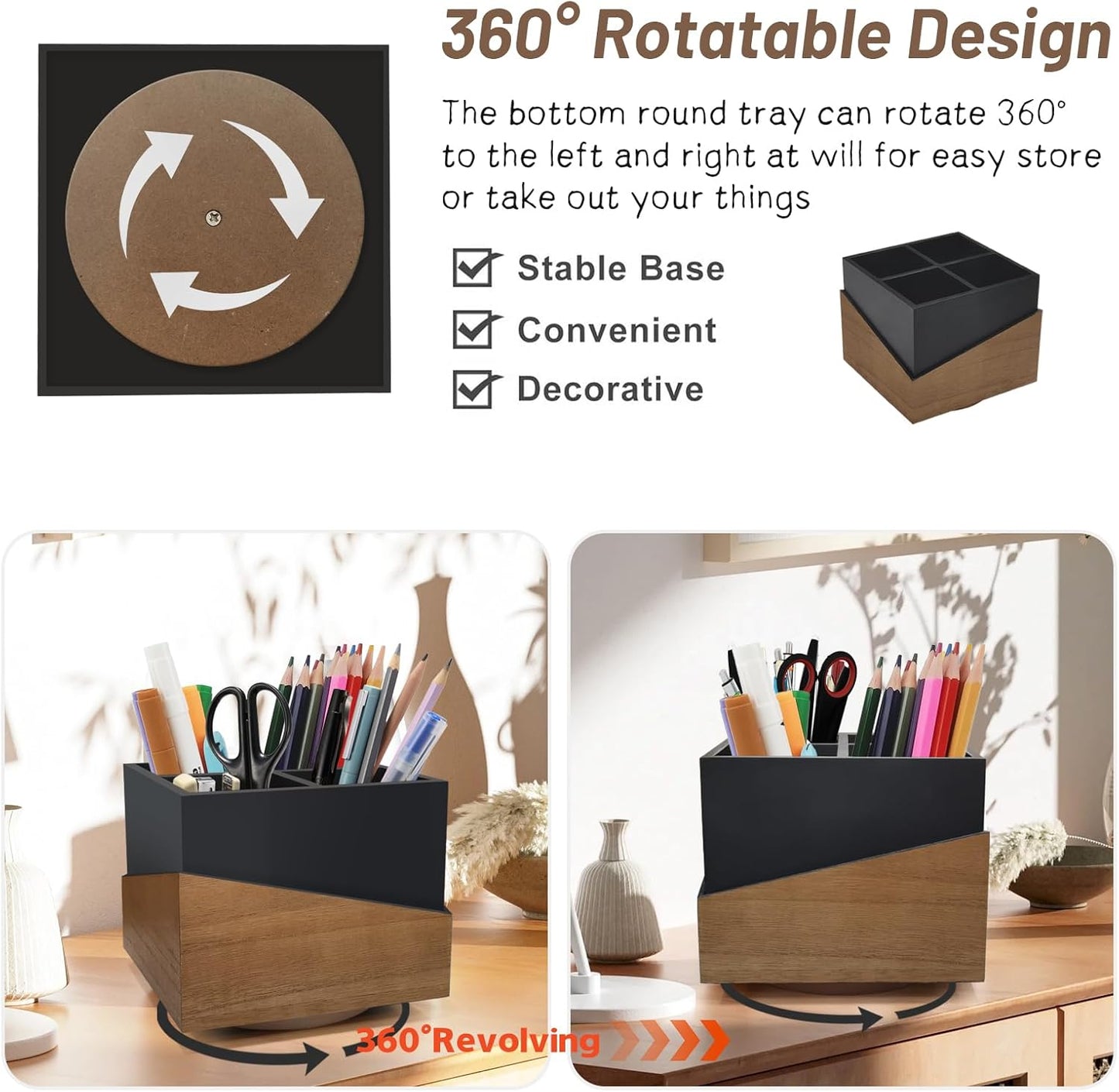 Rotating Pen Holder for Desk, Black Pencil Holder Pen Cup with Wood Grain Veneer, Wooden Desktop Pen Organizer Desk Caddy Organizer for Makeup Brush, Flatware, Remote Control