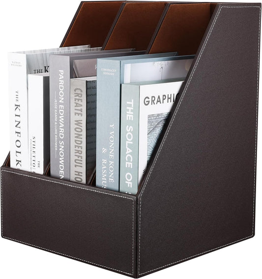 KINGFOM Desktop Wooden Leatherette Magazine File Holder-Organizer-3 Compartment Stand Rack-Papers Storage Box (brown)