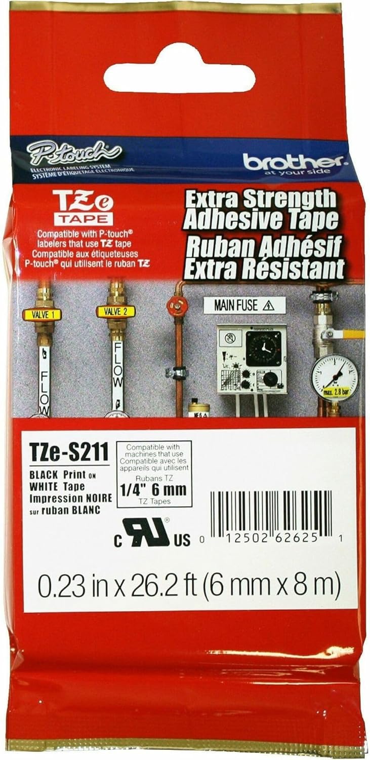 Brother Genuine P-touch TZE-S211 Tape, 1/4" (0.23") Wide Extra-Strength Adhesive Laminated Tape, Black on White, Laminated for Indoor or Outdoor Use, Water-Resistant,0.23" x 26.2' (6mm x 8M), TZE-S211