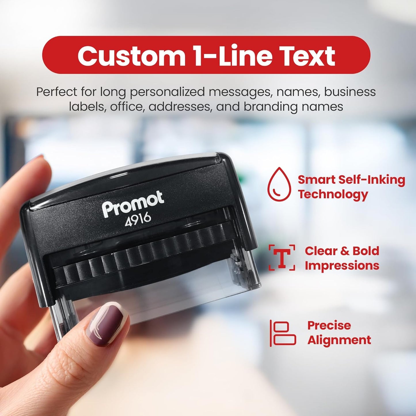 Promot Self Inking 1 Long Line Custom Stamp - Personalized Name Stamp for Office, Teacher, Address & Business Label Stamp - Choose Font, Ink Color, Pad, for Personal & Professional Use