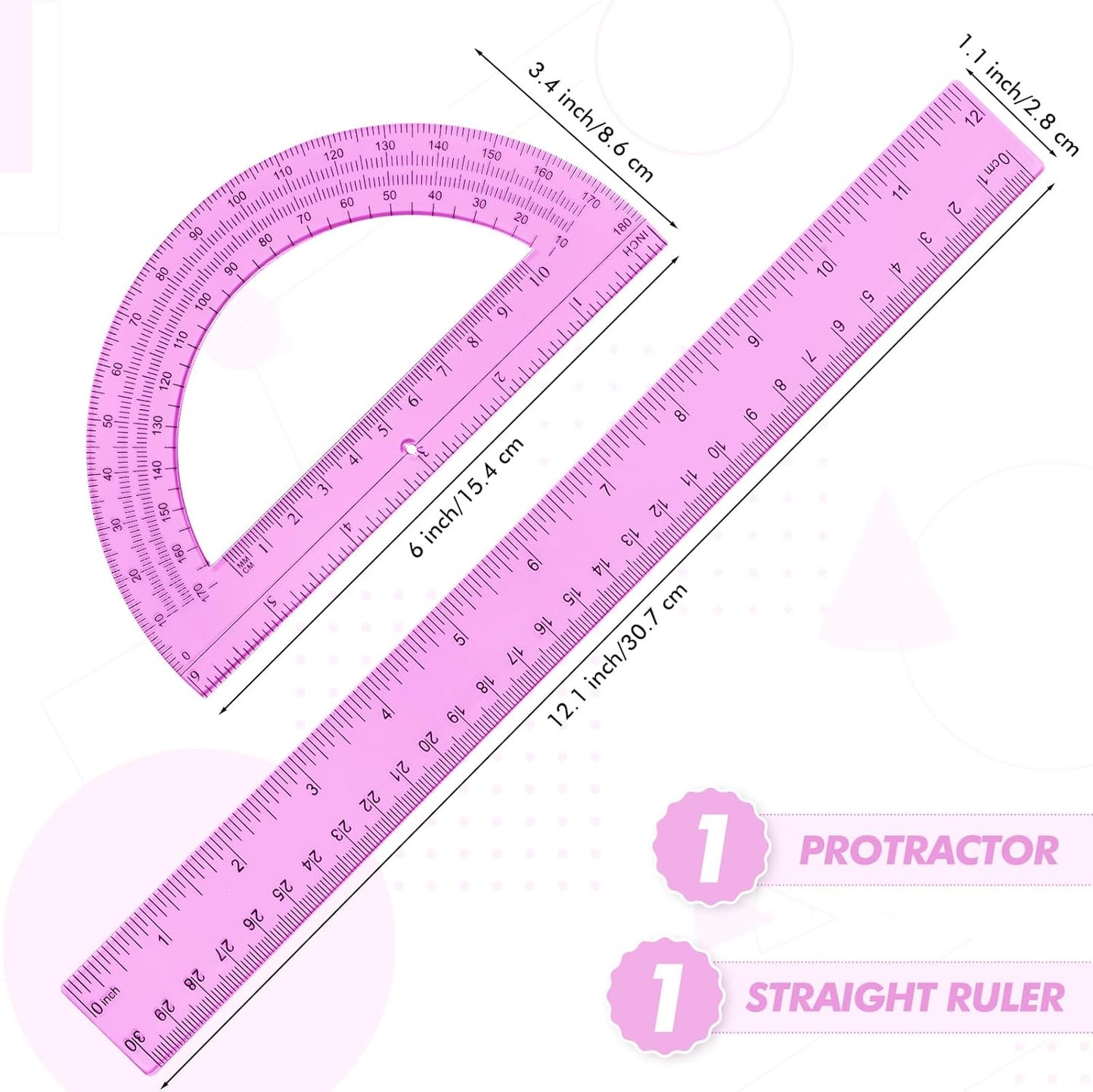 Zonon 2 Pack 12'' Plastic Ruler and 6'' Plastic Protractor Set Clear Ruler Protractor Set Math Geometry Supplies for School Classroom Home Office Drawing(Pink)