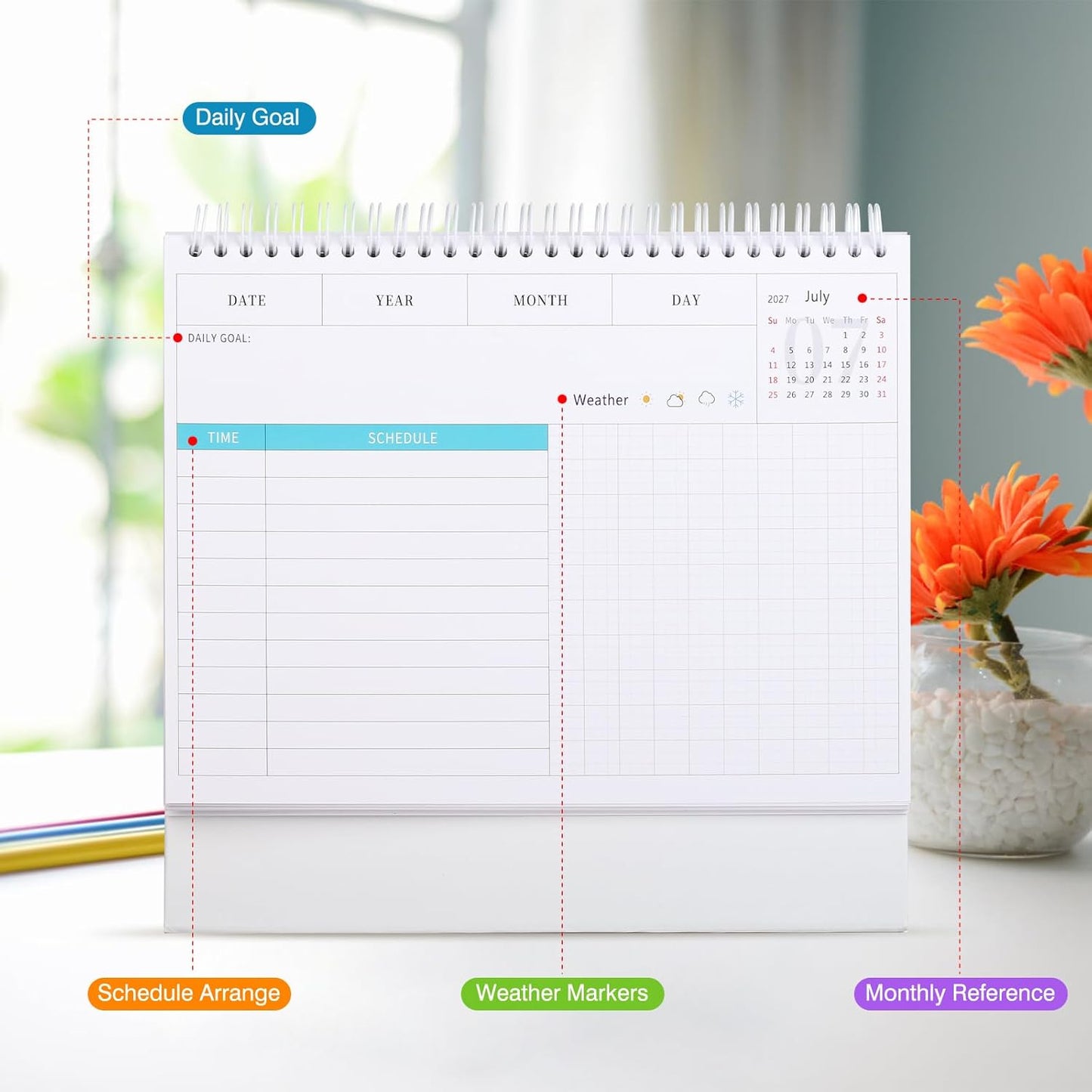 Desk Calendar 2026-2027, 2 Years Calendar Runs from Jan. 2026 until Dec 2027, Table Monthly Planner with Stickers for Home,Office,School Organization(L-White,9.8" x 9.6")