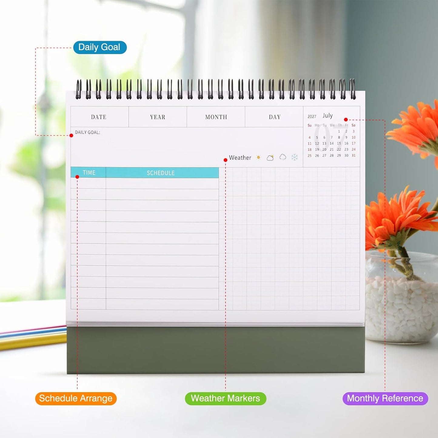 Desk Calendar 2026-2027, 2 Years Calendar Runs from Jan. 2026 until Dec 2027, Table Monthly Planner with Stickers for Home,Office,School Organization(L-Green,9.8" x 9.6")