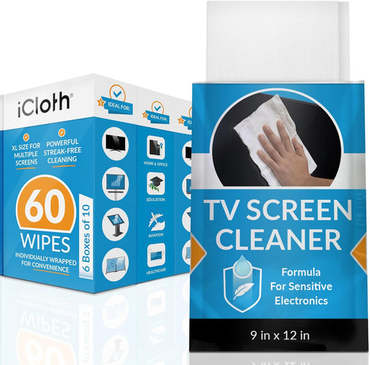 iCloth XL Screen Cleaning Wipes, Lint-Free and Streak-Free, Fast-Drying, Removes Dust, Fingerprints, and Smudges (60 XL Wipes)