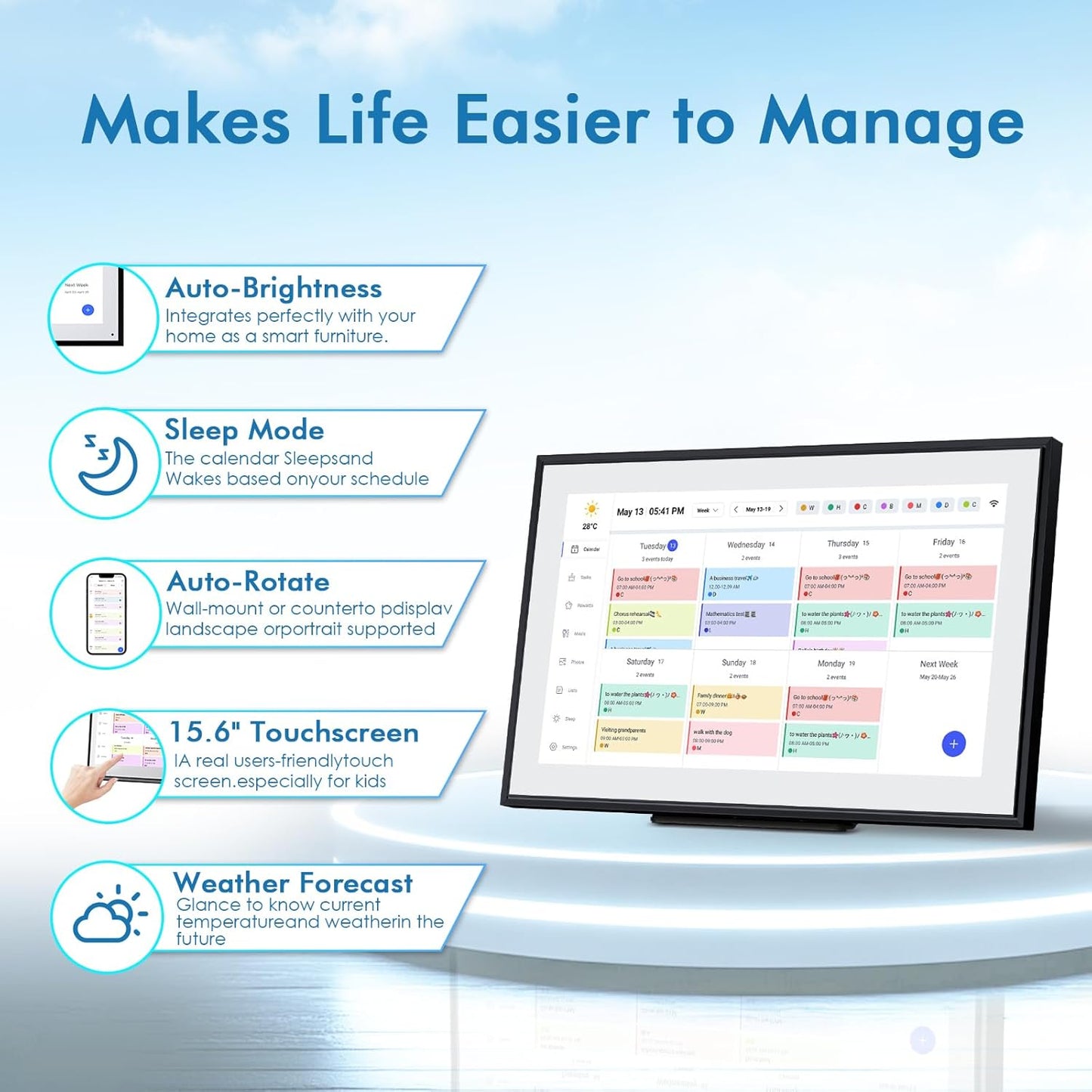 Calendar Digital 15.6 Inch Electronic Calendar&Chore Chart, 1920 * 1080P IPS Touchscreen Wall Smart Weekly and Monthly Planner for Family Black Gift for Mother mom Women