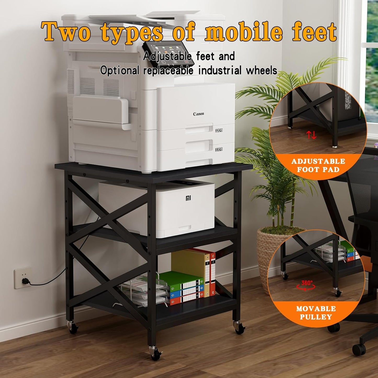 Large Printer Stand with Power Outlet, with Height Adjustable Storage Shelf, 3 Tier Rolling Printer Cart with Industrial Wheels, 23.6 x 23.6 Inches Printer Table for Home Office,Black