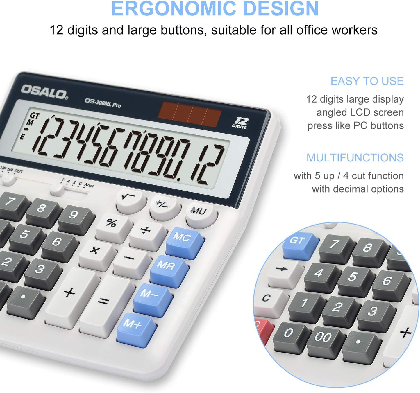 OSALO Desktop Calculator Extra Large Display 12 Digits Big Buttons Solar Accounting Calculator for Office (OS-200ML)