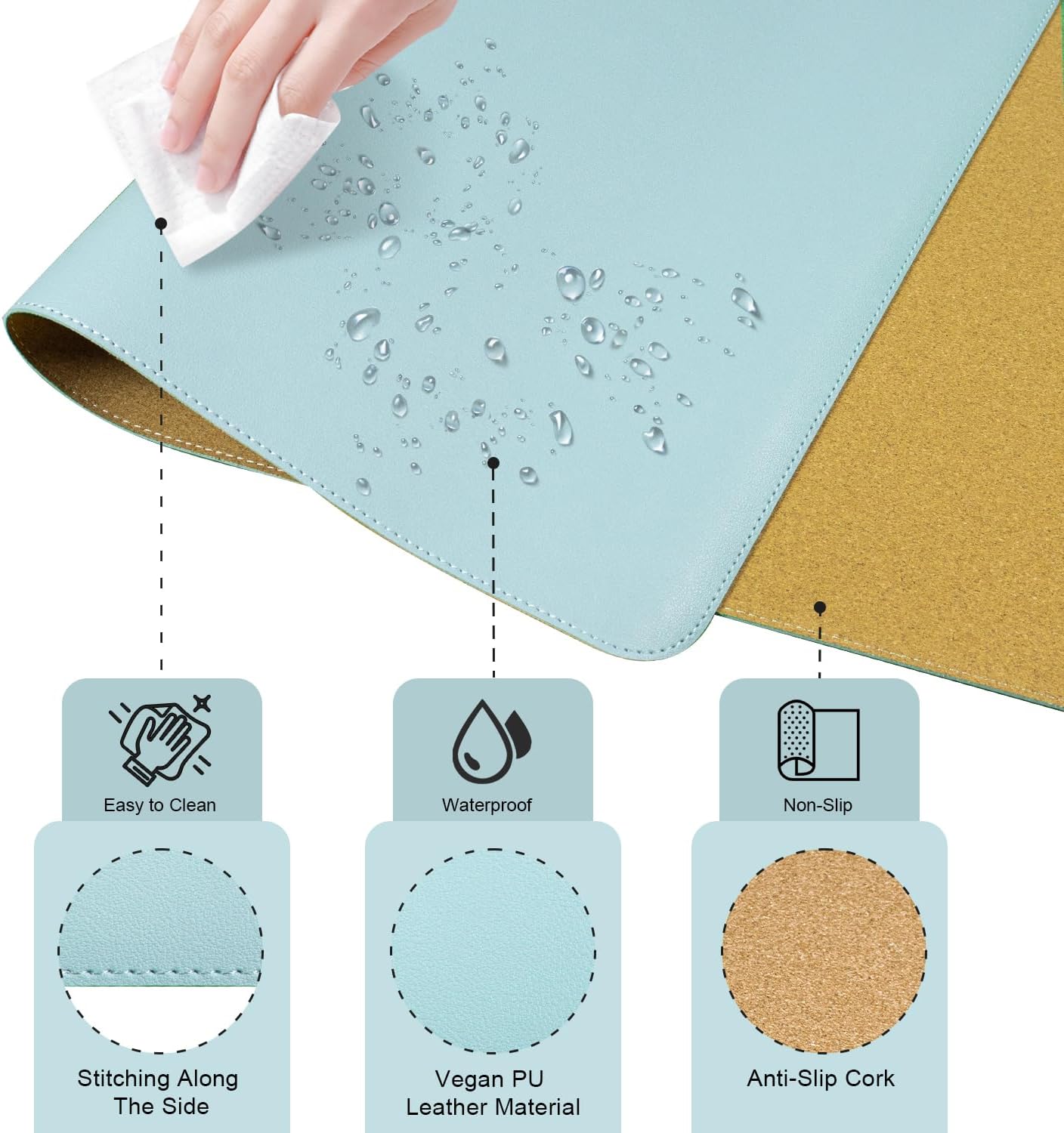 Dual-Sided Desk Pad, Natural Cork & PU Leather Mouse Pad for Desk, Desk Pad Protector, Non-Slip Desk Mat for Office and Home Work, (Light Blue, 23.6" x 13.7")